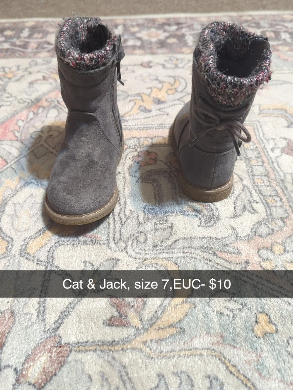 Cat & Jack Gray Knit-Cuff Ankle Boots with Back Bow